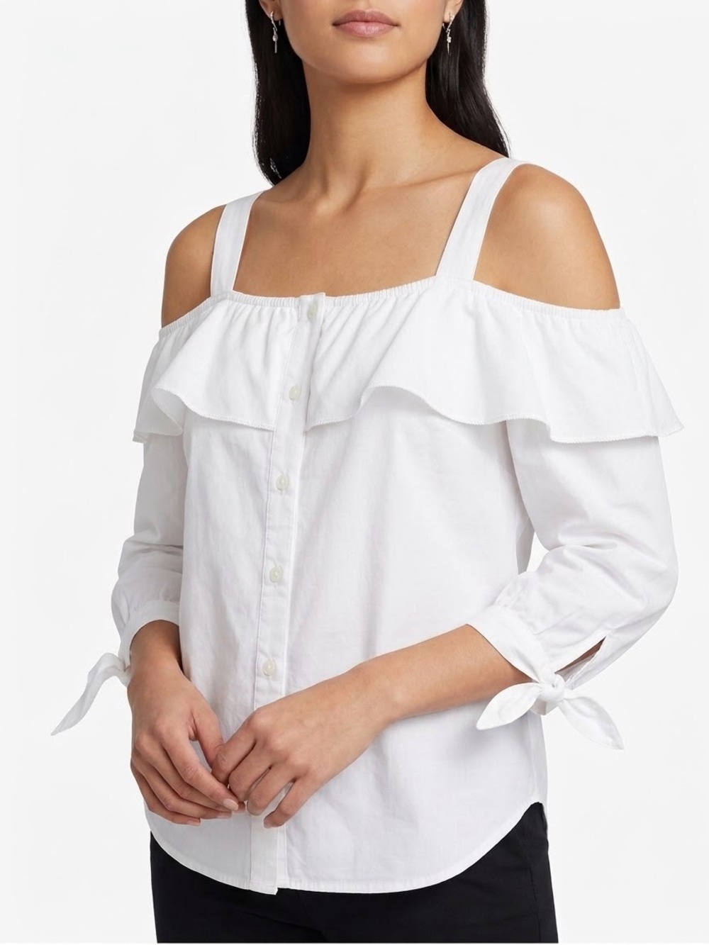LOVE FIRE Cold-Shoulder Ruffle Button-Front Top in White Small